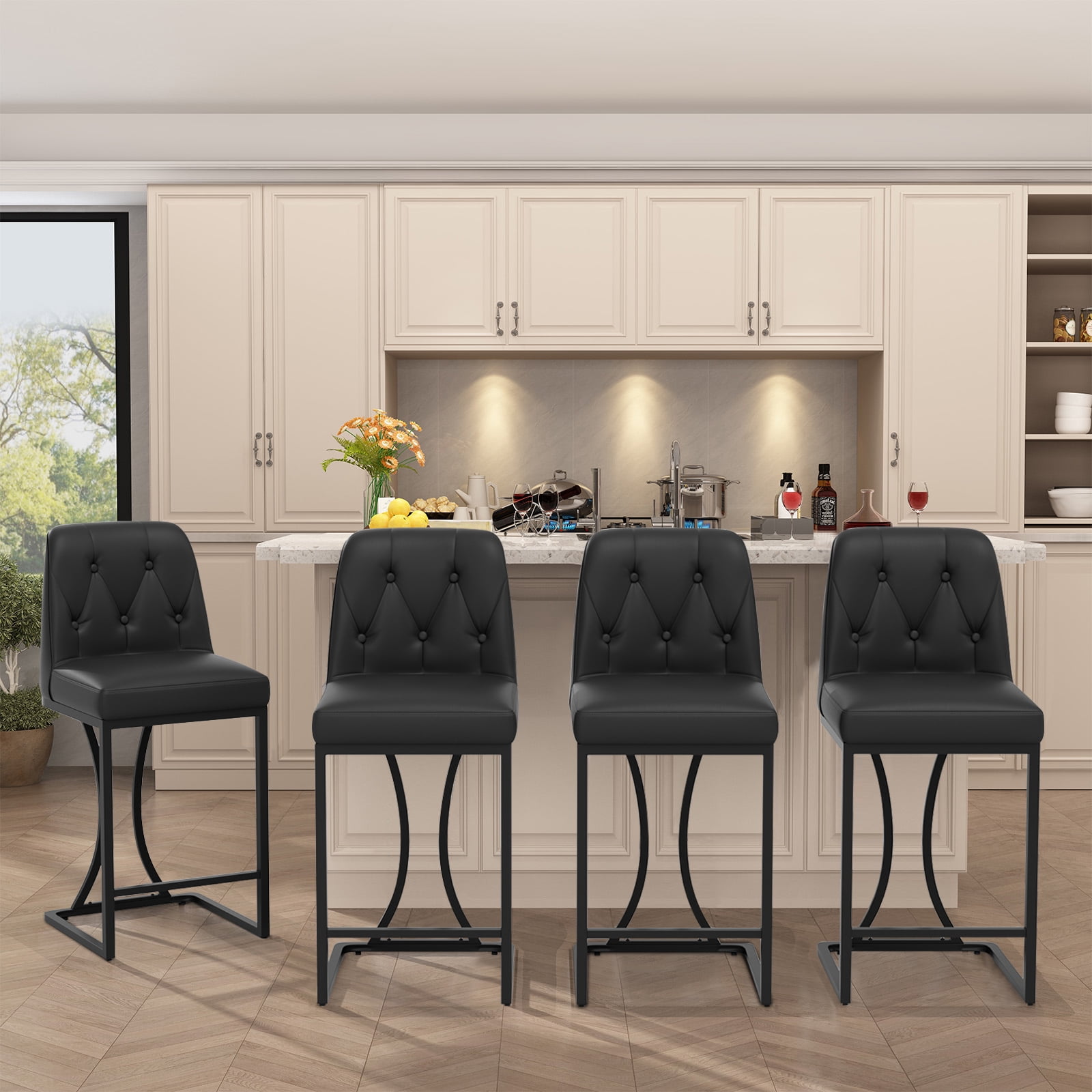 iooHug Set of 2 Black Bar Stools, 24" Counter Height Bar Stools, Faux Leather Bar Chairs with Back and Black Footrest, Modern Kitchen Island Stools for Dining Room or Bar Area