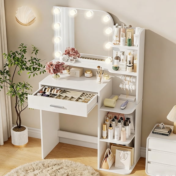 Women's Makeup Vanity Desk, Akaber Girls Vanity Set with Mirror and Lights, White Vanity for Bedroom