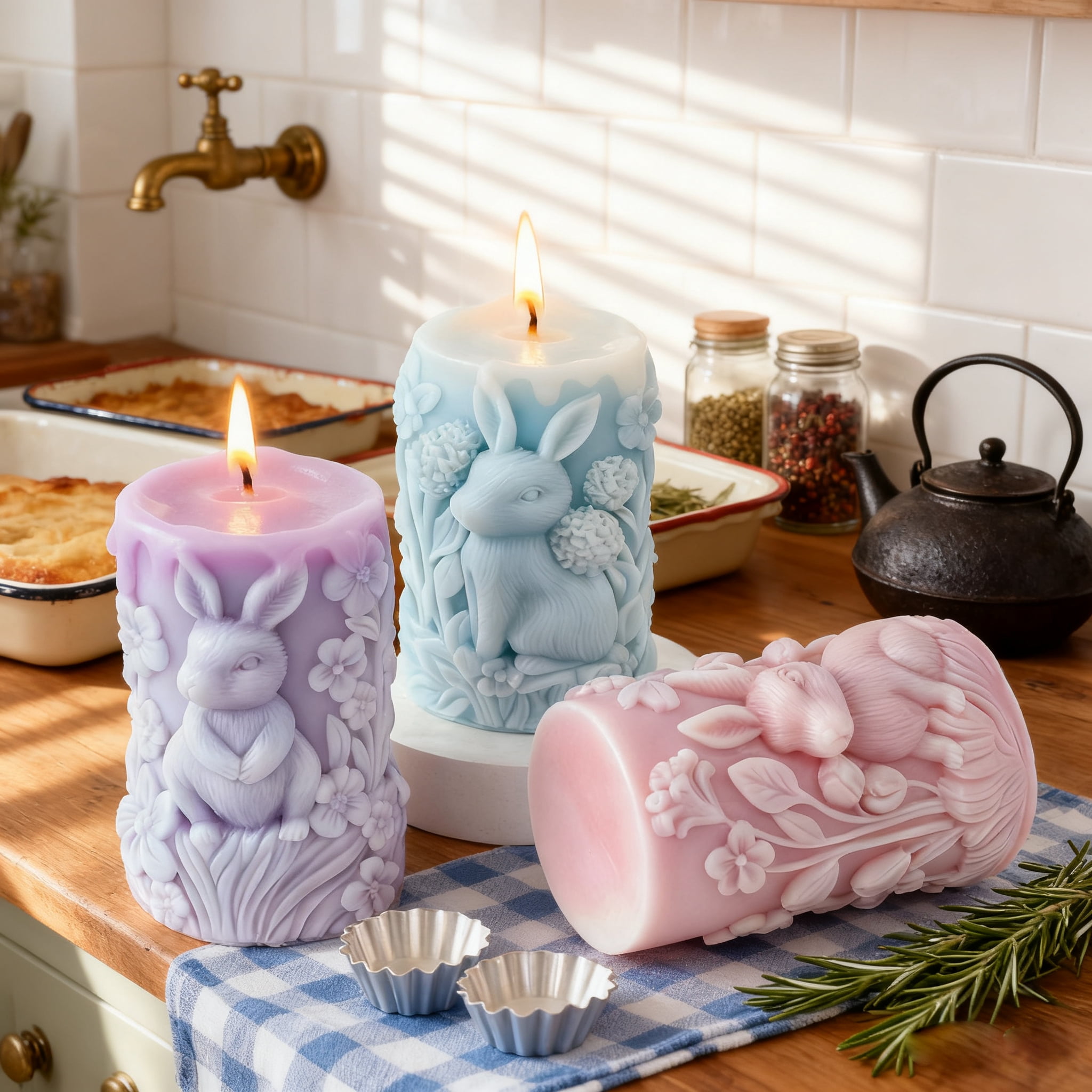 JDH silicone 2PCS Rabbit Silicone Mold Rabbit Flower Pattern Relief Silicone Mold Animal Resin Casting Silicone Candle Mold for Home Decoration and Candle Making
