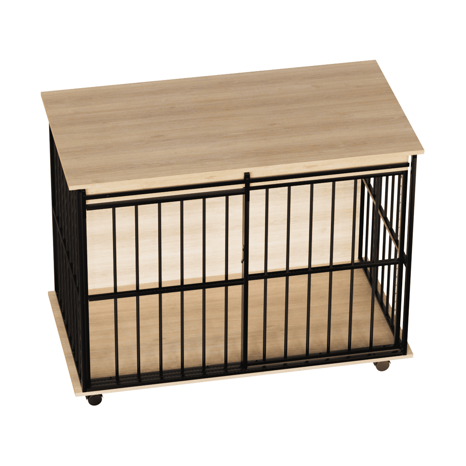 ZephyPaws 44in Dog Crate Furniture,Wooden Dog Kennel Indoor with Double Doors, Dog Cage with Wheels,Dog House Side End Table for Large Dogs up to 85 lb,Natural Black