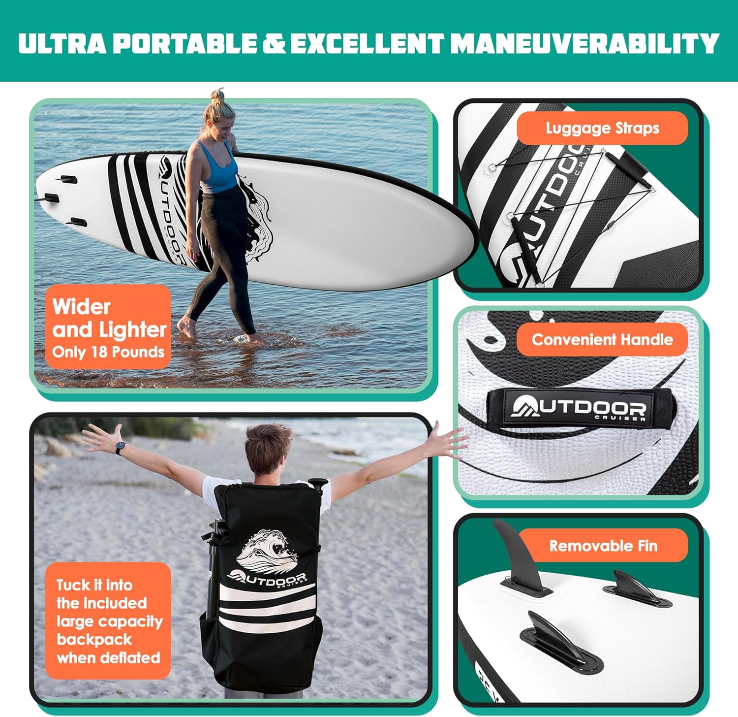 Outdoor Crusier Inflatable Stand Up Paddle Board, Ultra Portable & Lightweight, Wide Stable Non-Slip Design, Complete SUP Accessories, High-Quality Drop-Stitch Material - Black