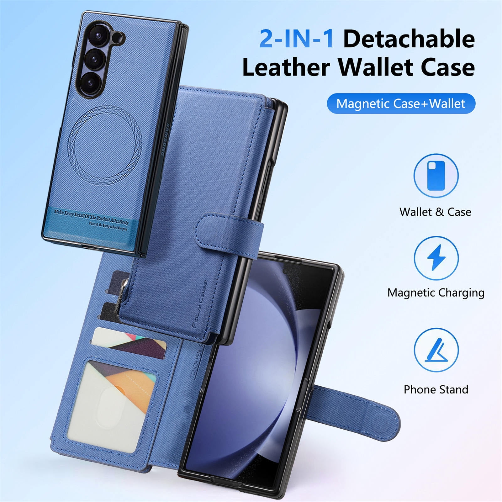 For Samsung Galaxy Z Fold 6 Phone Case,2-in-1 Magnetic Detachable Flip,Flip Folding Kickstand,With Card Slots,Zipper Pocket,Ring Holder,Fit Wireless charging,Shockproof Phone Case,Blue