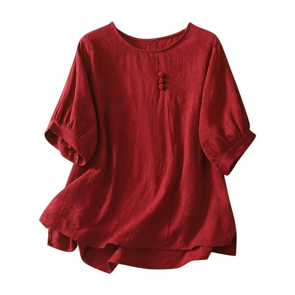 Ashirexll Womens Casual Tops, Summer Shirts for Women, Solid Color Imitation Linen Embroidered Button Short Sleeve Round Neck Top
