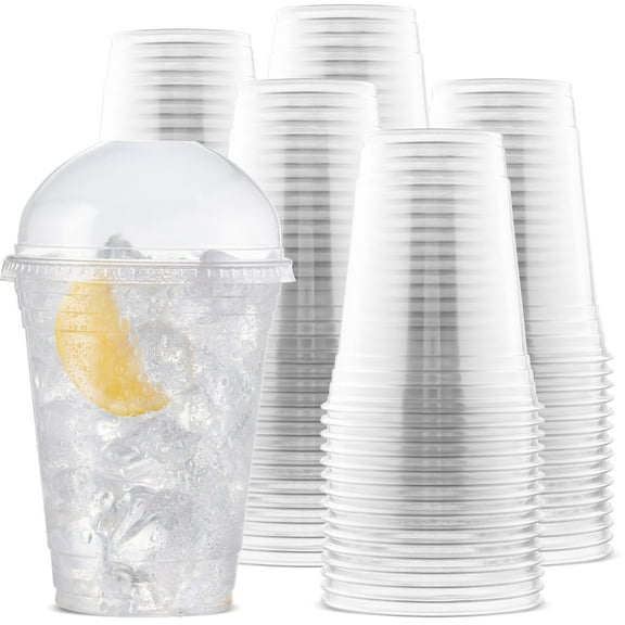 Large Party Plastic Cups with Dome Lids 16 oz 100 Count - Crystal Clear Disposable Cups