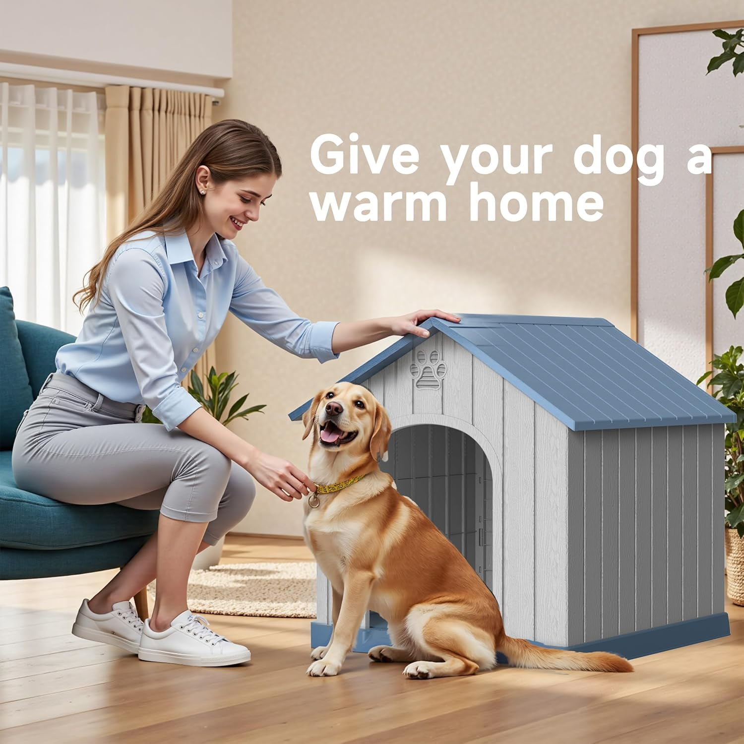 Indoor Outdoor Waterproof Dog House, PP Material, Puppy Shelter with Air Vents and Elevated Floor, Sturdy Dog Kennel for Small to Large Sized Dogs, Easy to Assemble (Blue, 38.62×36.26×38.07 Inches)​