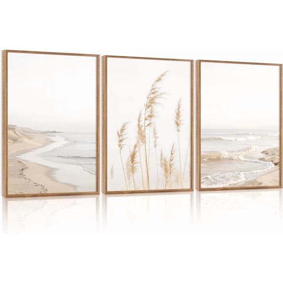 Modern Beach Artwork Seascape Wall Art, Seaside Framed Painting Reed Pathway Picture, Minimalist Neutral Coastal Landscape Wall Decor for Living Room,Bathroom- 16"x24"x3