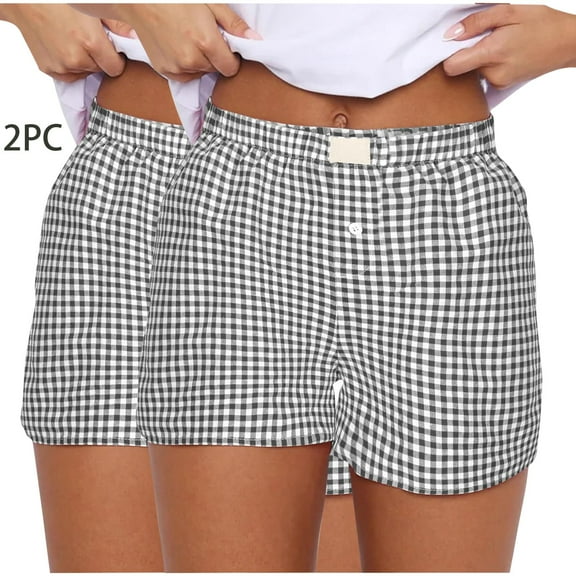 Rezuofi 2 Pcs Women Pajamas Shorts Y2k Elastic Waist Plaid Boxer Shorts Cute Gingham Sleep Lounge Shorts Bottoms