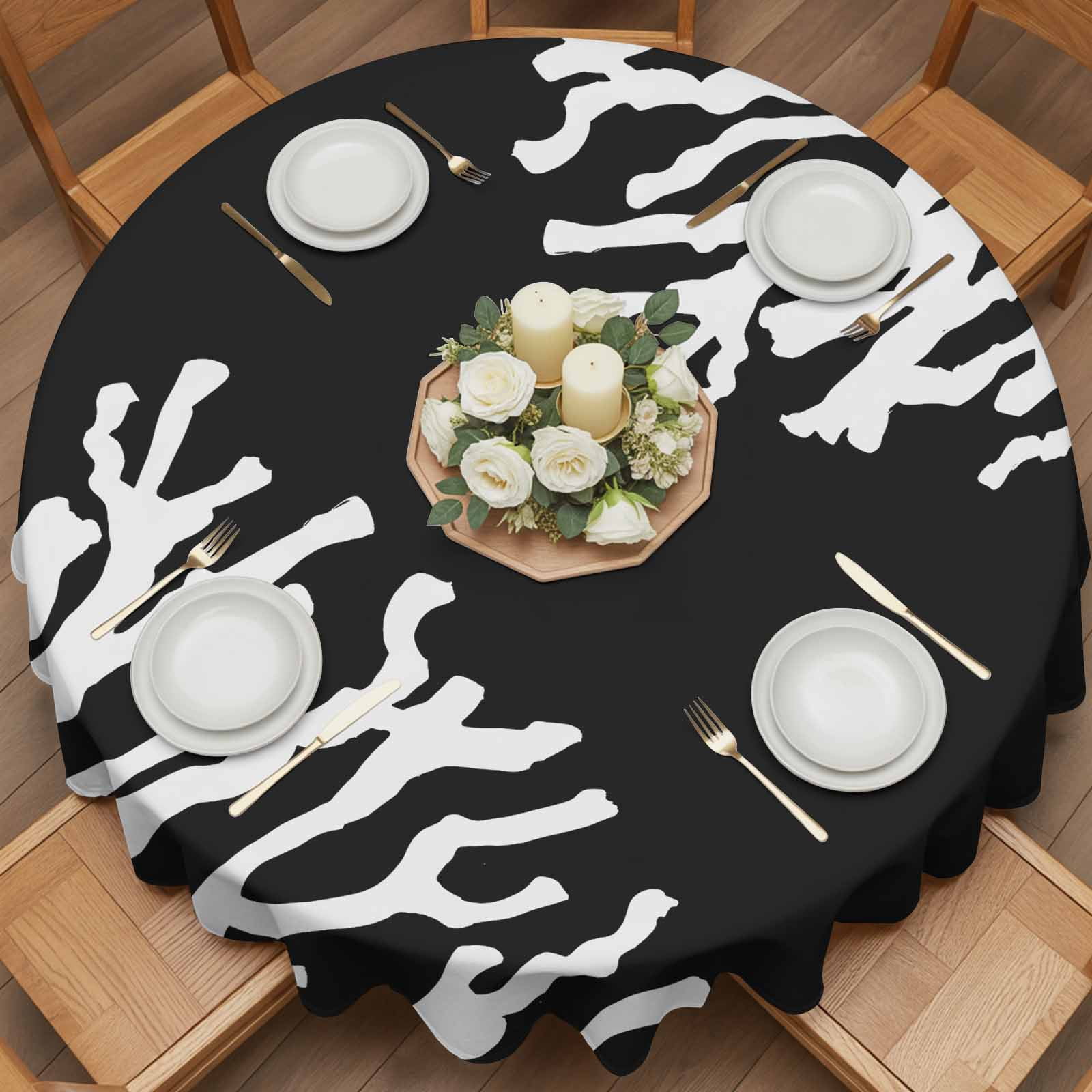 Round Tablecloth Nautical Coastal Waterproof Oil Proof Polyester Table Cloth Cover Decor for Home Dining Outdoor,Patio,Parties, 60" Dia. Ocean Coral Print Black White