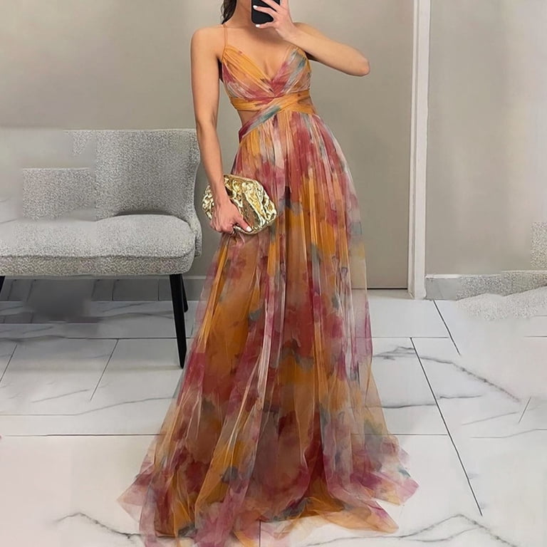 Prdecexlu Women's Floral Tulle Wedding Guest Dress Spaghetti Straps V Neck  A Line Formal Colorful Cocktail Maxi Dresses Saffron L - Walmart.com
