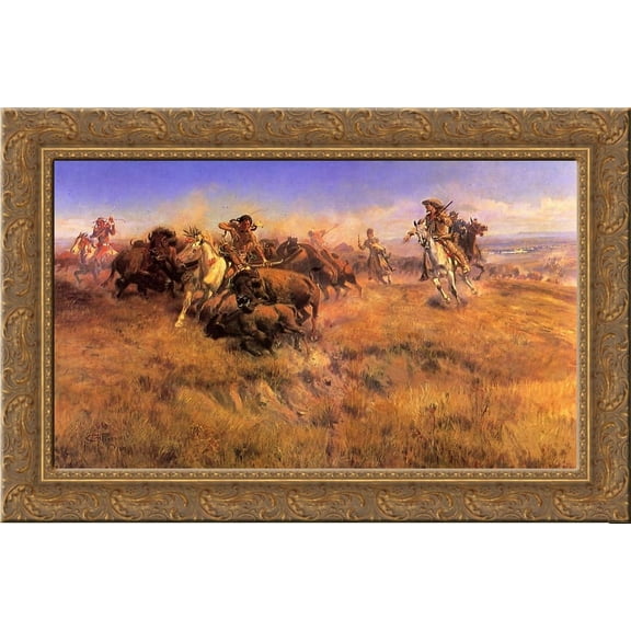 Running Buffalo 24x18 Gold Ornate Wood Framed Canvas Art by Charles M. Russell