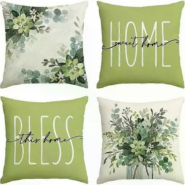 4pcs Linen Throw Pillowcases, Eucalyptus Leaf Green Throw Pillow Covers, For Living Room Bedroom Sofa Home Decor, No Pillow Insert, 18*18in