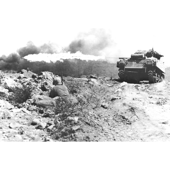 24x36 gallery poster, A USMC M4A3 sherman tank uses its flame thrower during the Battle of Iwo Jima