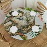 Akjvoe Sloths Tablecloth Round Animal Table Cloth Palm Tree Leaves Boho Tropical Drawing Polyester Tablecloths for Dining Room, Party, Banquet White