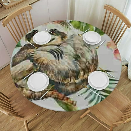 Akjvoe Sloths Tablecloth Round Animal Table Cloth Palm Tree Leaves Boho Tropical Drawing Polyester Tablecloths for Dining Room, Party, Banquet White