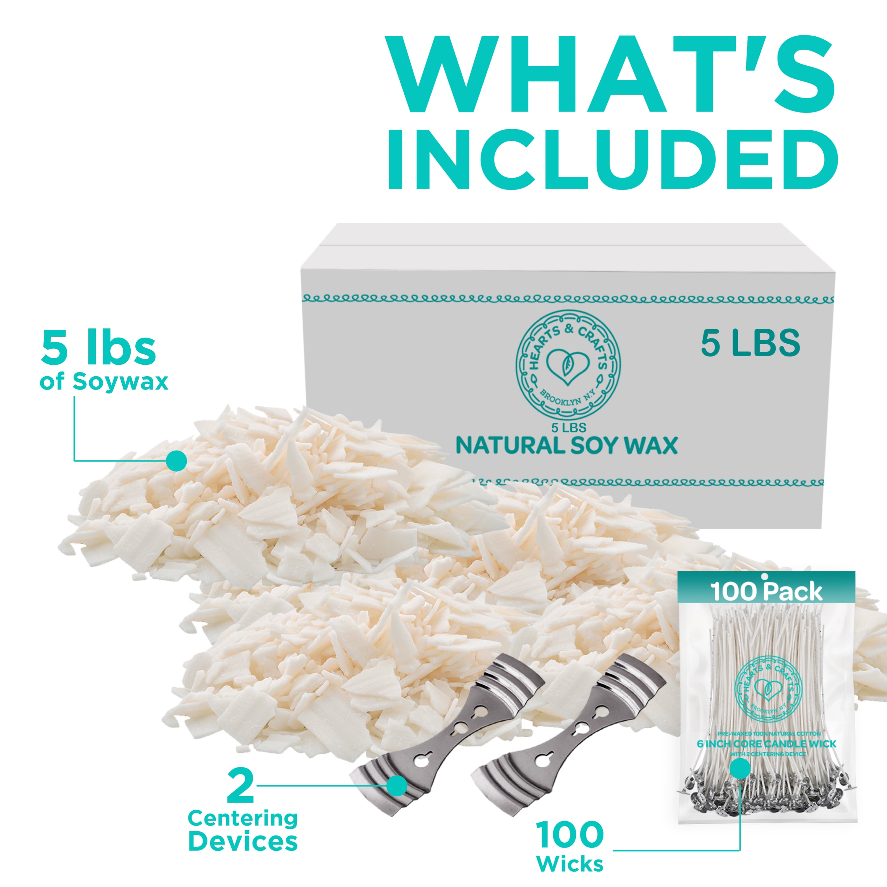 Hearts and Crafts Soy Candle Making Kit 5 lb Natural Wax with 100 Wicks 2 Centering Devices