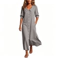 thumbnail image 2 of NTACZA Women Dresses 3/4 Sleeve Slit Shirt Dress Maxi Collared Striped Vacation Casual Button Down Beach Black L, 2 of 6