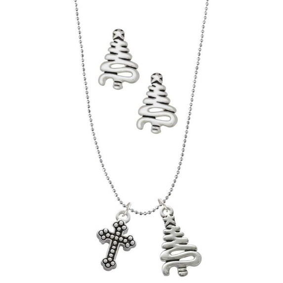 Delight Jewelry Silvertone Small Botonee Cross with Beaded Decoration Silver tone Zig Zag Christmas Tree Charm Necklace and Stud Earrings