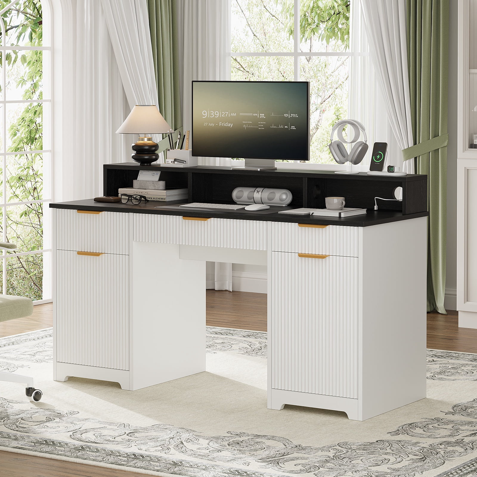 Lumiinofami 59" Executive Office Desk Computer Writing Desk Laptop PC Workstation with Power Outlets, Heightened Stand, Storage Cabinets and 3 Drawers,White & Black