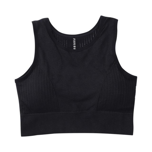 señoras tallas grandes ropa interior deportiva camiseta sin mangas recorte sin anillos de acero sujetador yoga fitness sujetador deportivo fridja nalpqowj36135 Top deportivo negro cropped, vista frontal centrada con escote redondo y tirantes anchos. Banda inferior elástica ancha, paneles laterales acanalados y zona trasera con perforaciones; tela ligera y transpirable, adecuado para yoga y uso diario.