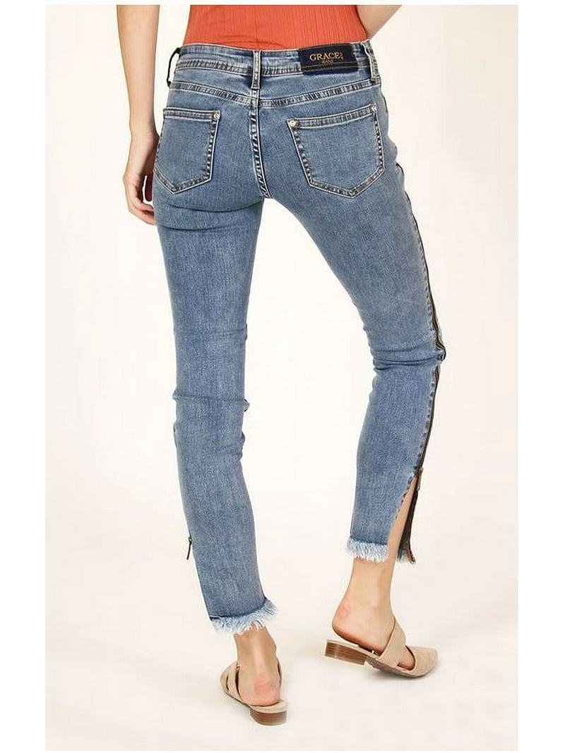 Grace in LA Jeans Women's Frayed Hem Side Zipper Stripe Junior Fit
