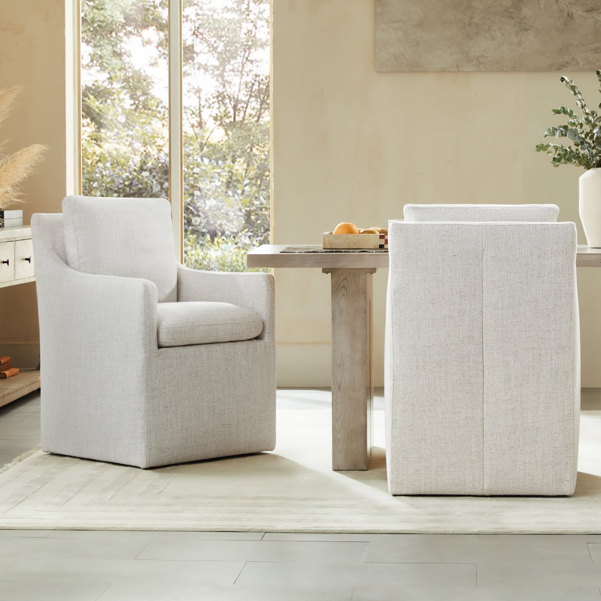 CHITA Dining Arm Chair with Caster Wheels, Fabric Upholstered, Wheat