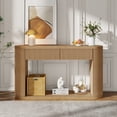 thumbnail image 3 of Harper & Bright Designs Oval Fluted Console Table with 2 Storage Drawers, Solid Wood Entryway Table with Bottom Shelf, Farmhouse Curved Sofa Table with Smooth Metal Slides for Living Rooms, Natural, 3 of 10