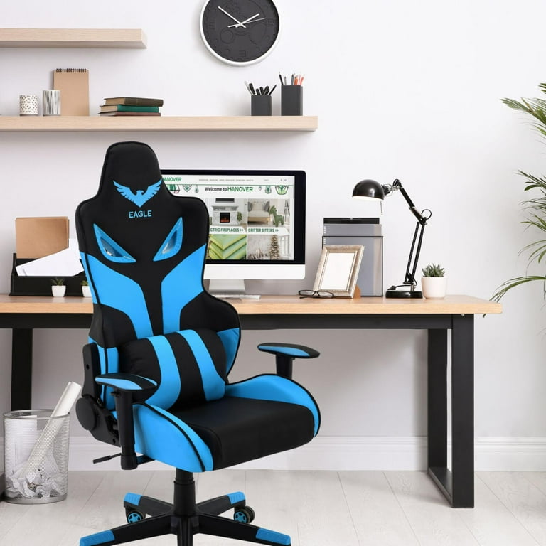 Hanover Commando Ergonomic Gaming Chair with Adjustable GAS Lift Seating Lumbar and Neck Support Black/Blue