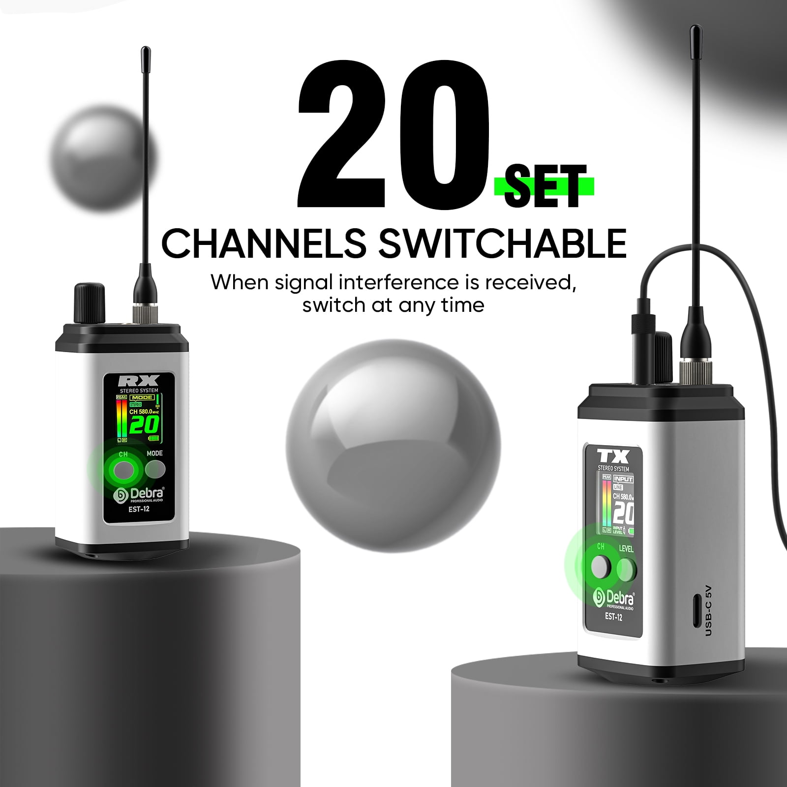 D Debra Audio PRO EST-12 UHF Stereo Mini Wireless In-Ear Monitor System, with Rechargeable Lithium Battery Monitor Type for Stage, Band, Studio, Musician, Monitor (1 Transmitter & 1 Receiver)