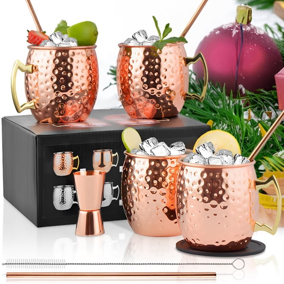 Tazas de cobre Moscow Mule,500ML Juego Tazas de Acero Inoxidable 4 Con paja y cepillo,Copa de Bronce de Moscú 18 oz con Mango para Bebidas Frías,Cóctel para Cocina, Ba