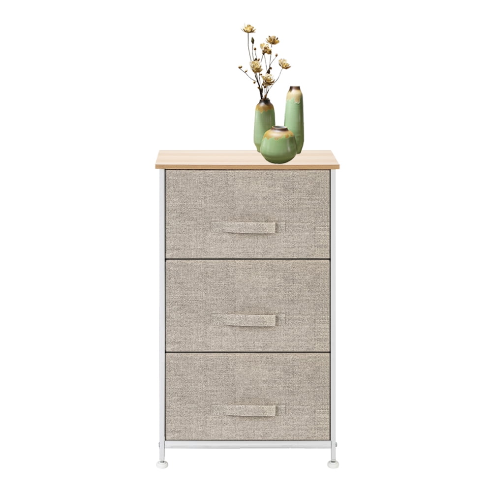 3Tier Dresser Drawer, Storage Unit with 3 Easy Pull Fabric Drawers and Metal Frame, Wooden