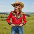 thumbnail image 2 of Retro Cowgirl Shirts for Women Long Sleeve Button Down Western Shirts Spring Fall Country Floral Print Tops Red XL, 2 of 5