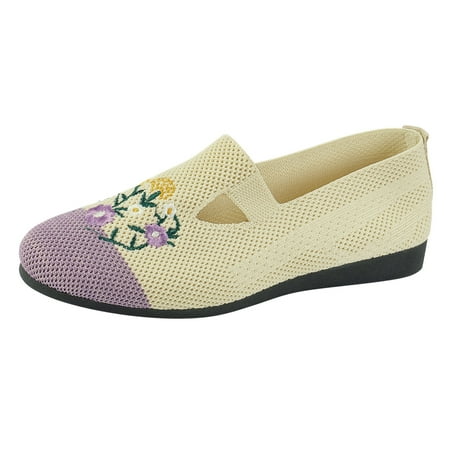 QYZEU Shoes for Women Sandals Womens Casual Slip on Shoes Ladies Fashion Breathable Mesh Knitted Flower Embroidery Flat Bottom Single Shoes Casual Shoes Purple 37