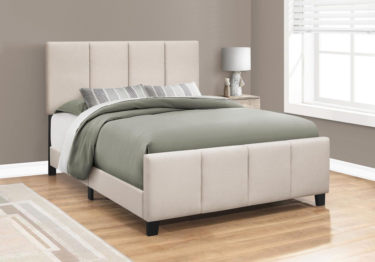Monarch Specialties Bed, Queen Size, Platform, Bedroom, Frame, Upholstered, Linen Look, Wood Legs, Beige, Black, Transitional