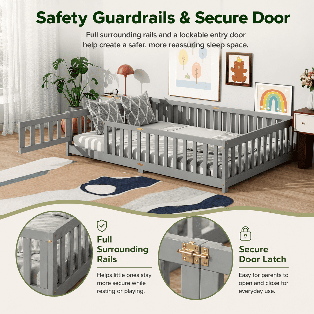 PAPROOS Full Floor Bed Frame, Wood Floor Platform Bed with Fence and Door, No Box Spring Needed, Modern Full Size Montessori Floor Bed for Little Girls Boys, Playhouse Bed Frame, Gray