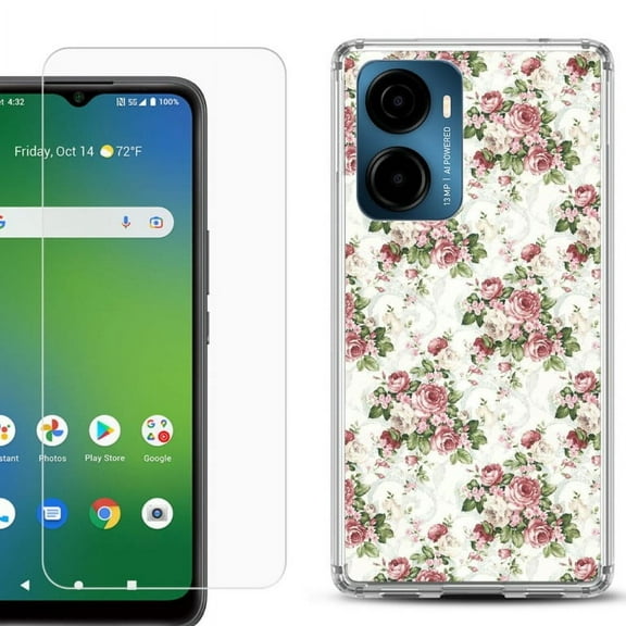 For AT&T Propel 2 5G Phone Case Cover, Shockproof Bumper Hybrid Case with Tempered Glass Screen Protector, by OneToughShield - Floral/Rose