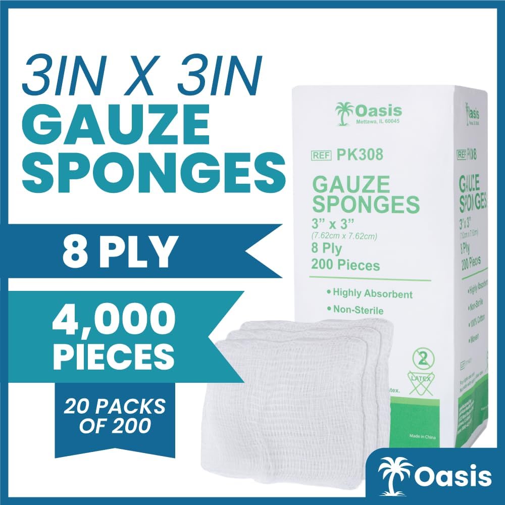 Oasis 3 x 3 inch Gauze Sponges, 100% Cotton, 8-Ply Woven Non-Sterile Gauze, 1 Case of 4000 (20 Packs of 200)