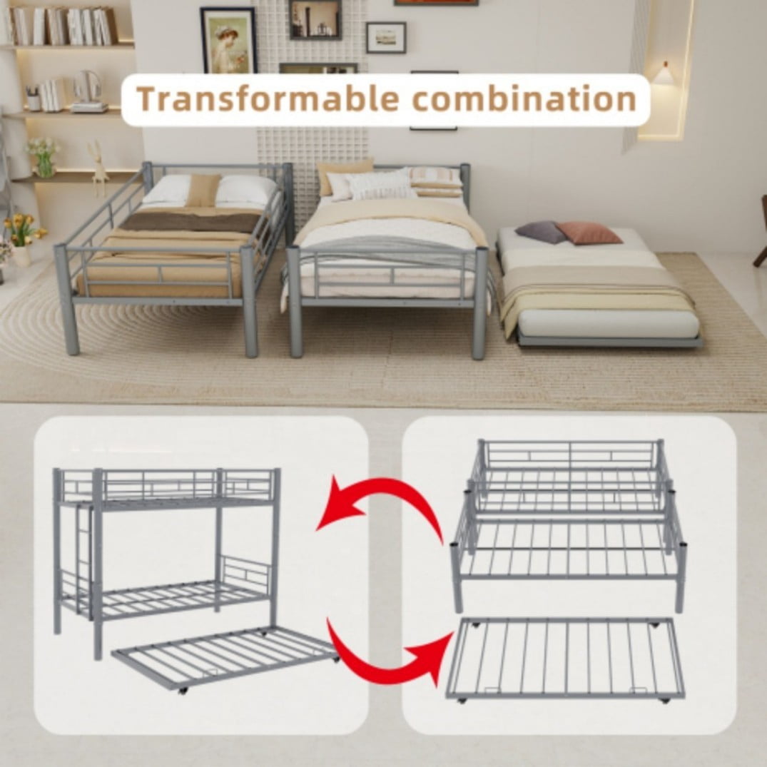 Twin Triple Bunk Bed, 3-in-1 Convertible Metal Bunk Bed Frame, Space-Saving Design with Guardrails & Ladder, Heavy-Duty Iron, Silver