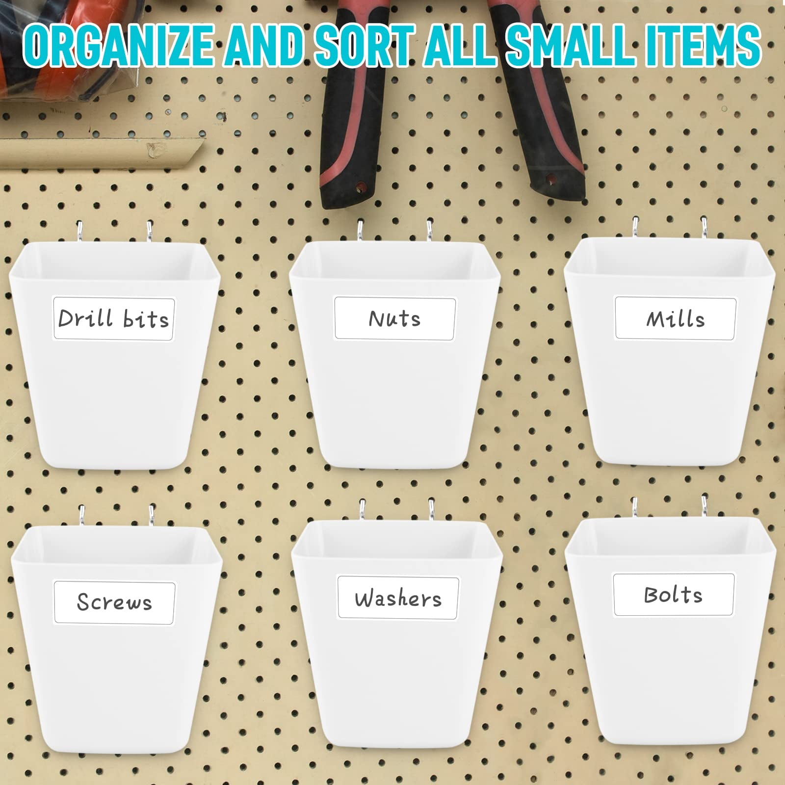 Large Pegboard Cups Peg Board Storage Bin 6 Pack With Hooks  Square Box Shape Cup Holder Accessories For Garage Workbench/craft Room/office/playroom/home Kitchen Organization (white)