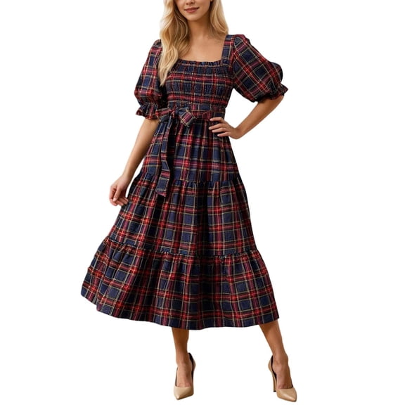 XIYON Dress For Women Fashion Checked Mid Sleeve Casual Long Dress Fashion