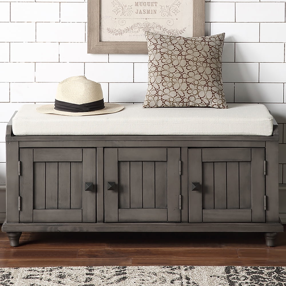 Lowestbest Rustic Shoe Bench, Wood Storage Bench with 2 Cabinets, Removable Cushion for Living Room, Entryway (White) Lowestbest Rustic Shoe Bench, Wood Storage Bench with 2 Cabinets, Removable Cushion for Living Room, Entryway (White)
