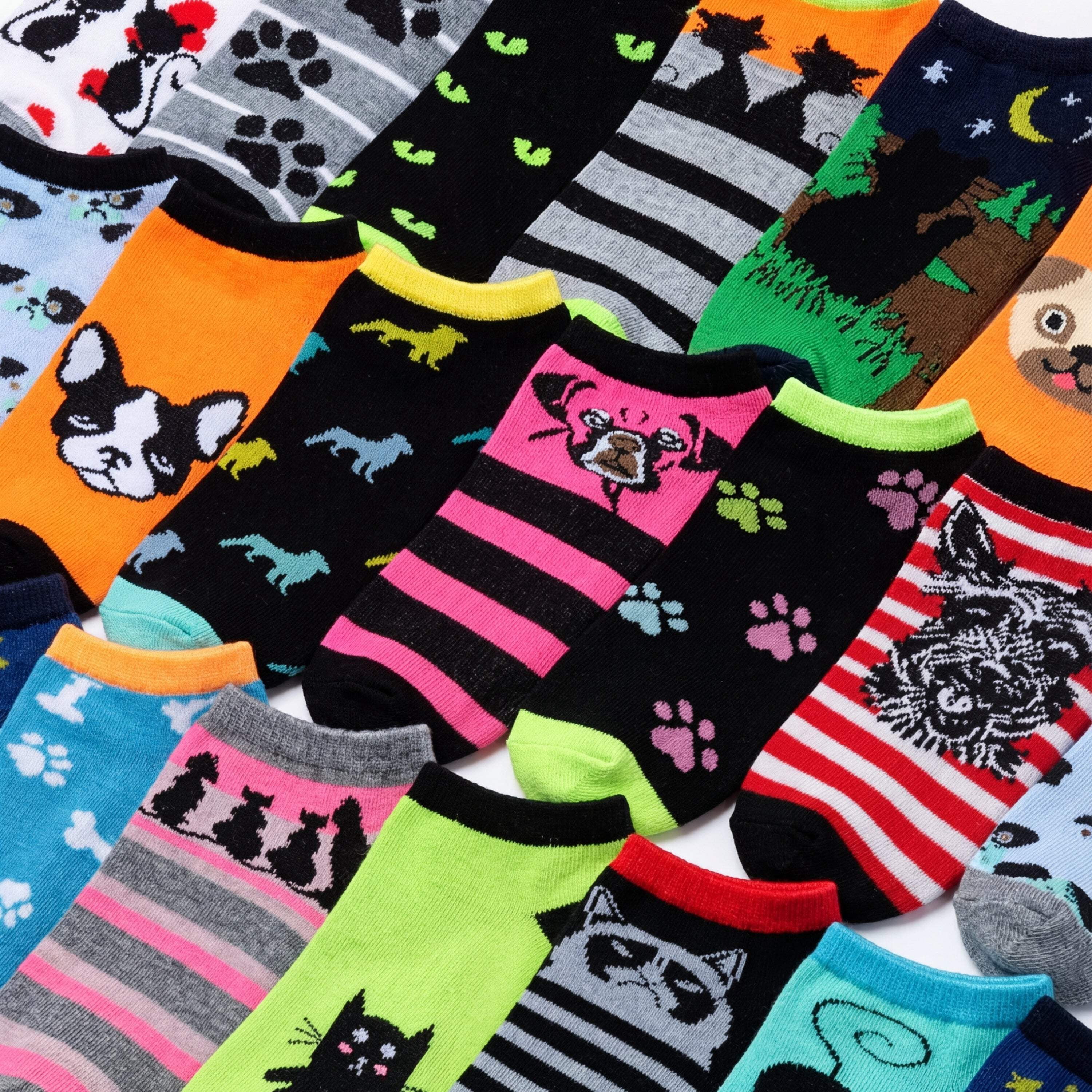 Tipi Toe Women's 20 Pairs Colorful Cat & Dog Patterned Low Cut No Show Socks, Size 9-11