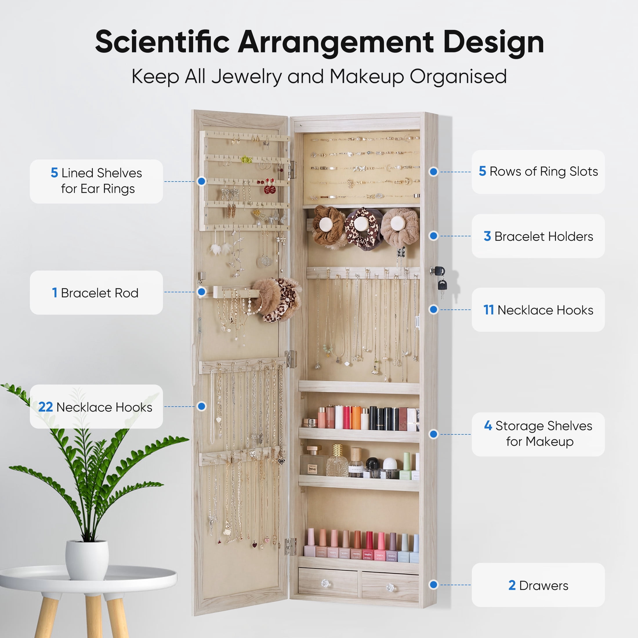 edx Full-Length Mirror Jewelry Cabinet with 6 LED Lights, Wall Door Mounted Large Jewelry Armoire Organizer with Makeup Storage, Beige