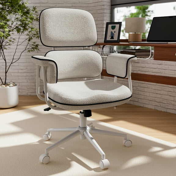 iooHug White Ergonomic Office Chair with Memory Foam Seat, Granular Linen Fabric Desk Chair with Wide Armrests, Mid Century Modern Home Office Computer Chair, 400 lbs