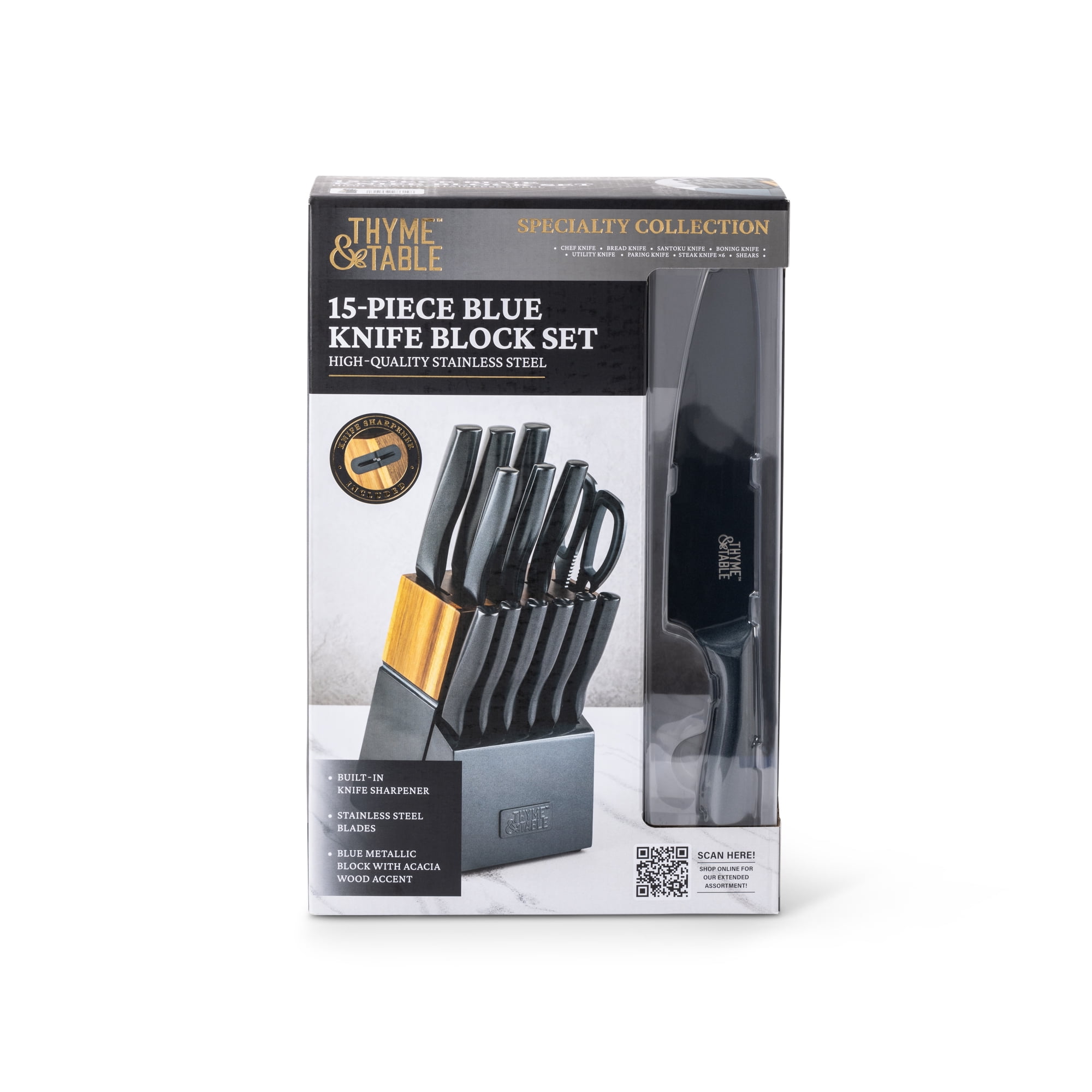 Thyme & Table 15-Piece Knife Block Set with Sharpener - Navy