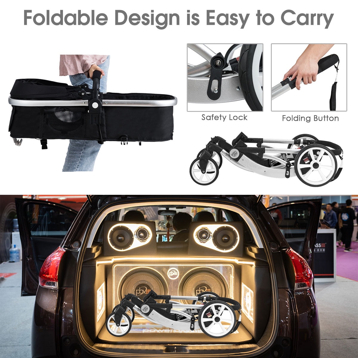 Infans Folding Aluminum Infant Reversible Baby Stroller W/ Diaper Bag Black
