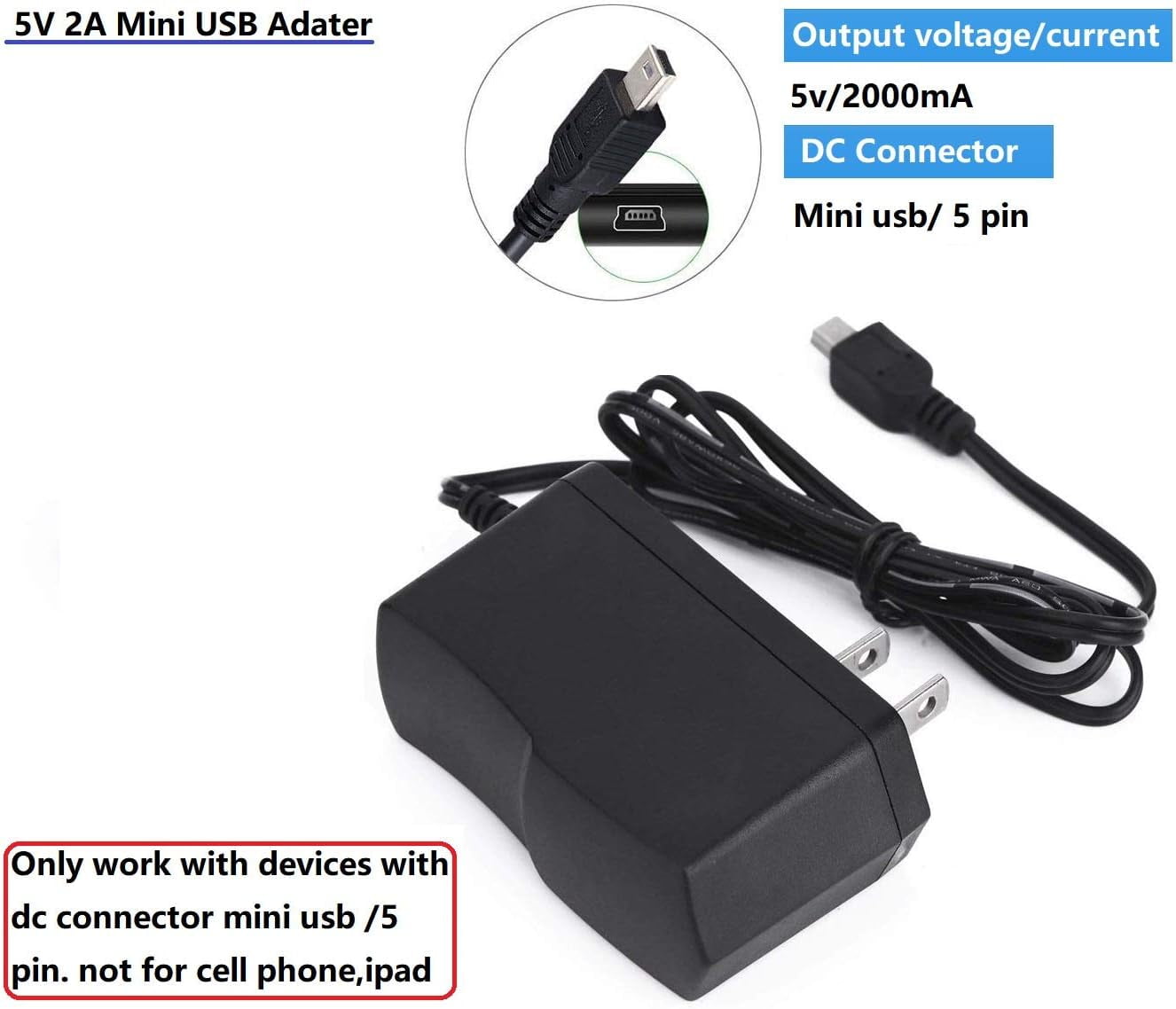 5V 2A Mini USB AC Adapter 5V DC Charger DC5V Plug Wall Charger Mini 5Pin DC  Power Adapter with 1.2 Meter Cable for Camera,Card Reader, DV, USB  HUB,PDAs,Game Player and Other 5V