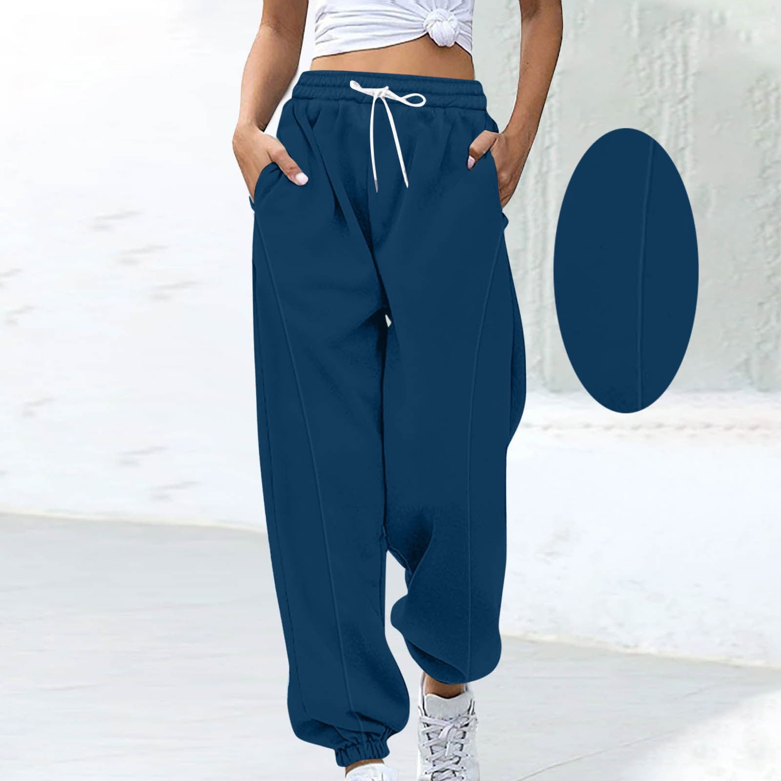 ctdiral Womens Sweatpants Fall Thin Fleece High Waisted Sweatpants Casual Baggy Drawstring Joggers Solid Color Stretchy Lounge Pants with Pockets Navy XL