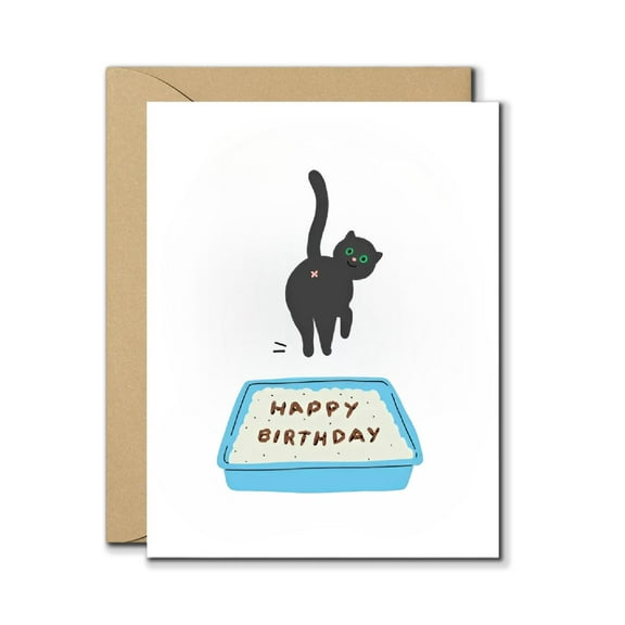 Funny Cat Birthday Card with Envelope – Sarcastic Litter Box Design, Humorous Black Cat Cartoon, Blank Inside, Perfect for Cat Lovers, Friends, Family, Adults, Men & Women