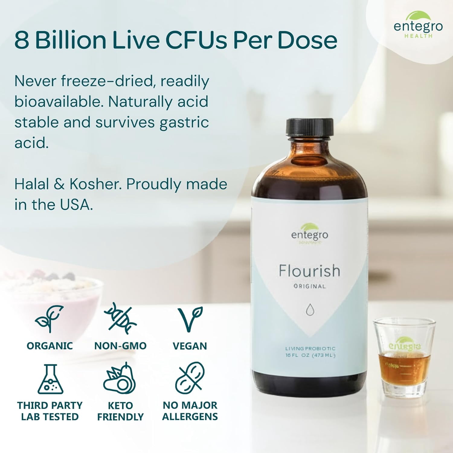 Entegro Health Flourish Original Liquid Probiotic & Postbiotic Supplement, 16 fl oz Plastic Bottle