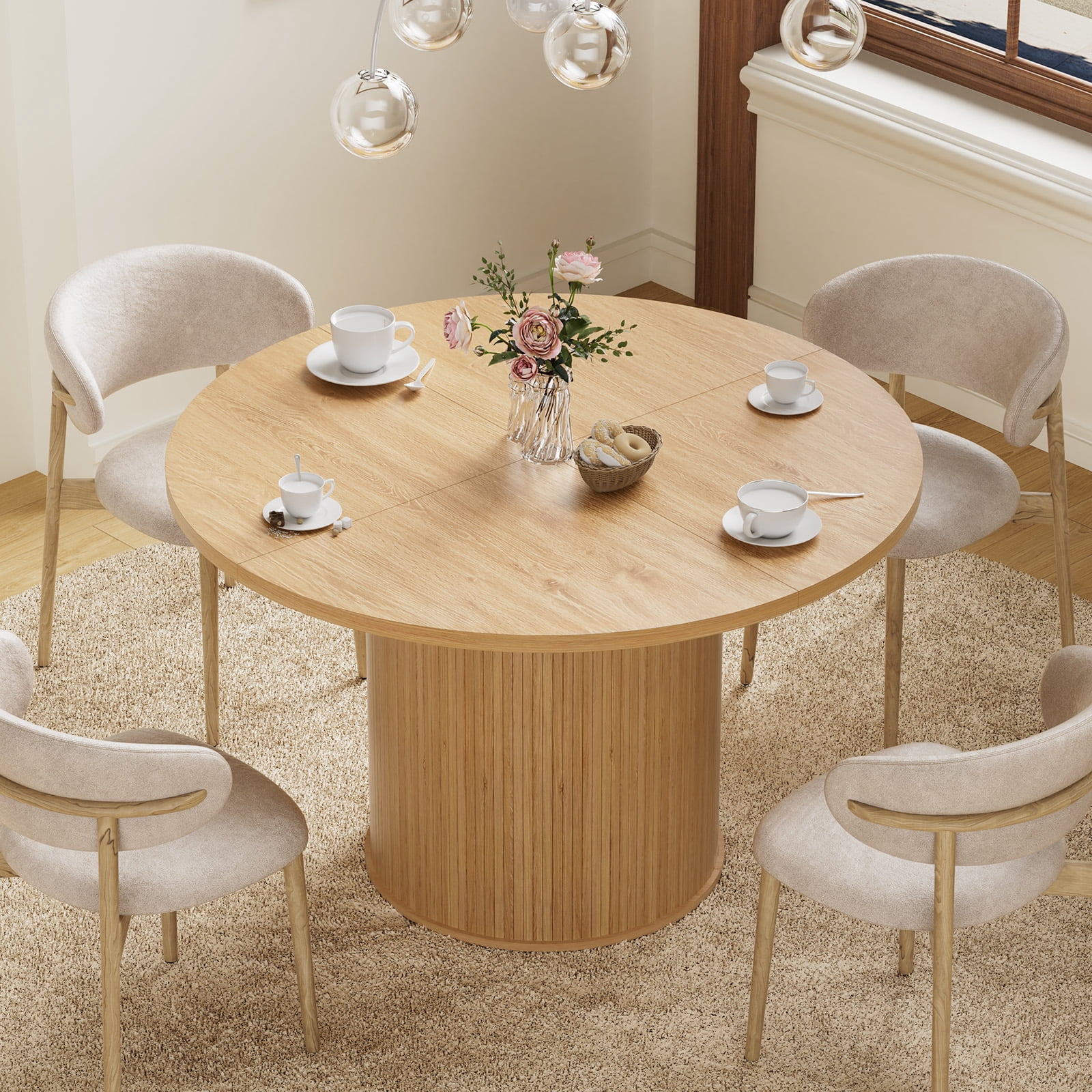 Hommpa 48" Round Dining Table Morden Kitchen Table Wood for 4 with Wood Slide Door for Kitchen Living Room,Heavy Duty Pedestal Base,Natural